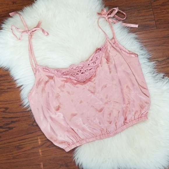 Not Marked Tops - Y2K Satin Pink Lace front Crop Tank